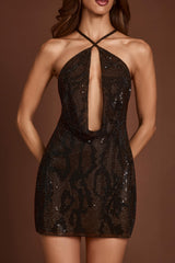 Embellished Halterneck Cowl A-line Mini Dress in Brown Snake