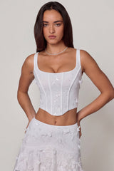 Embellished Lace-Up Corset Top in White
