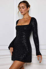 Embellished A-Line Mini Dress in Black