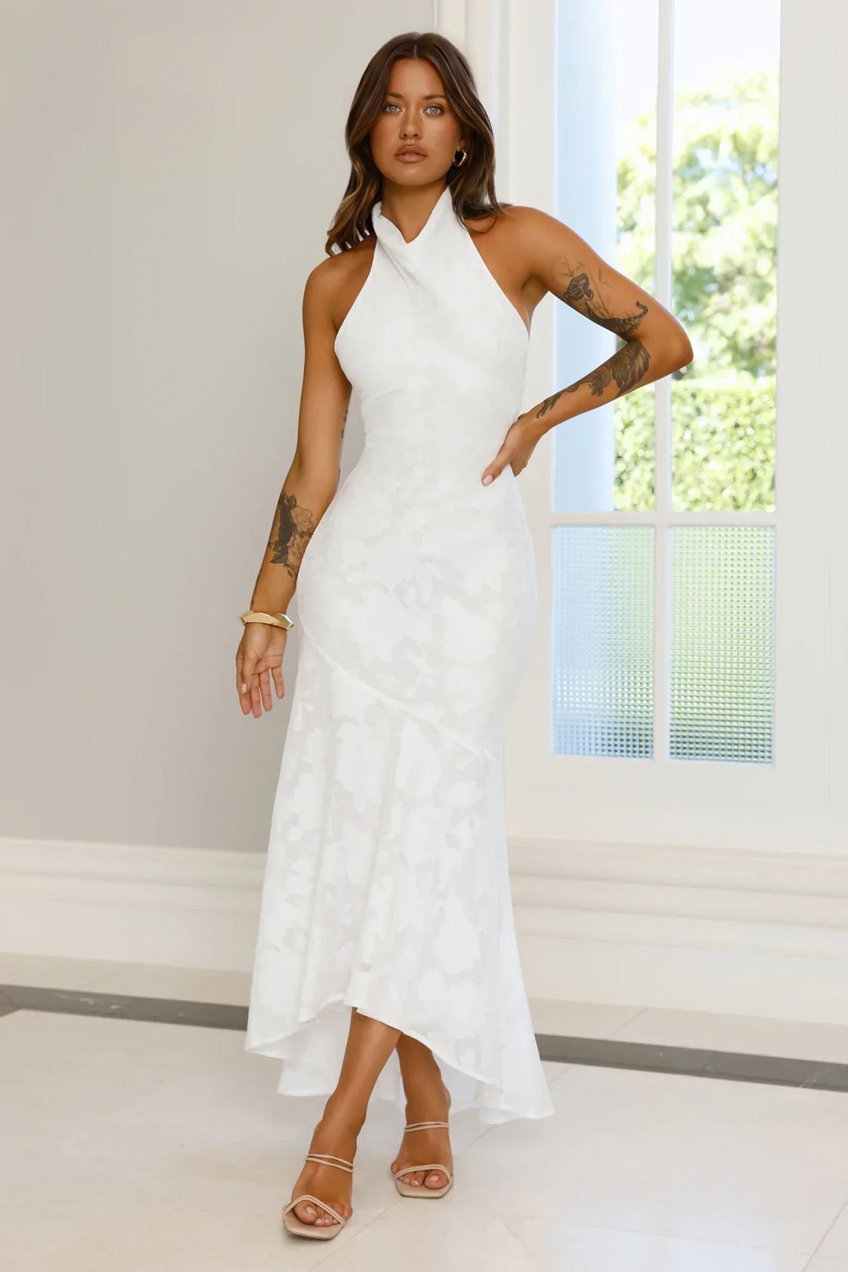 Hints Of Wildflowers Halter Maxi Dress White
