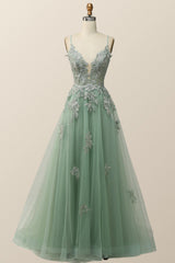 Sage Green V Neck Appliques Long Formal Dress