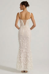Embellished Appliqué Soft-Scoop Corset Gown in White