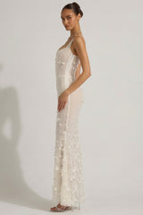 Embellished Appliqué Soft-Scoop Corset Gown in White