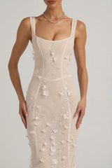 Embellished Appliqué Soft-Scoop Corset Gown in White