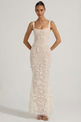 Embellished Appliqué Soft-Scoop Corset Gown in White