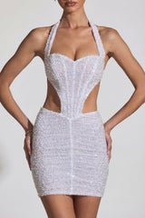 Embellished Cut-Out Halterneck Mini Dress in White