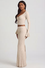 Draped Low-Rise Lace Maxi Skirt in Ivory