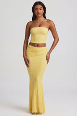Draped Low-Rise Lace Maxi Skirt in Pastel Yellow