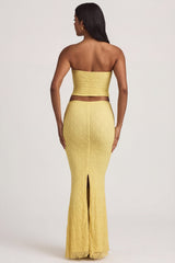 Draped Low-Rise Lace Maxi Skirt in Pastel Yellow