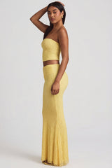 Draped Low-Rise Lace Maxi Skirt in Pastel Yellow