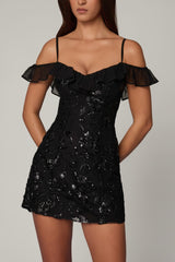 Embellished Lace-Up A-Line Mini Dress in Black