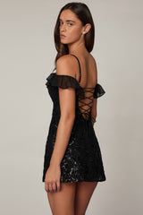 Embellished Lace-Up A-Line Mini Dress in Black