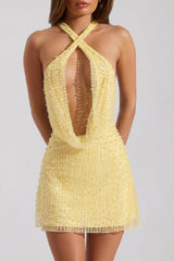 Embellished Cowl-Neck Backless Mini Dress in Yellow