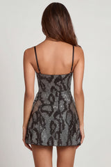 Embellished Cowl Neck A-line Mini Dress in Silver Snake