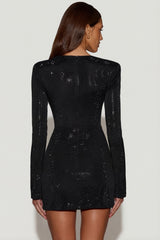 Embellished Asymmetric Bodycon Mini Dress in Black