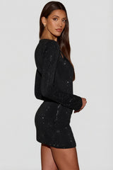 Embellished Asymmetric Bodycon Mini Dress in Black