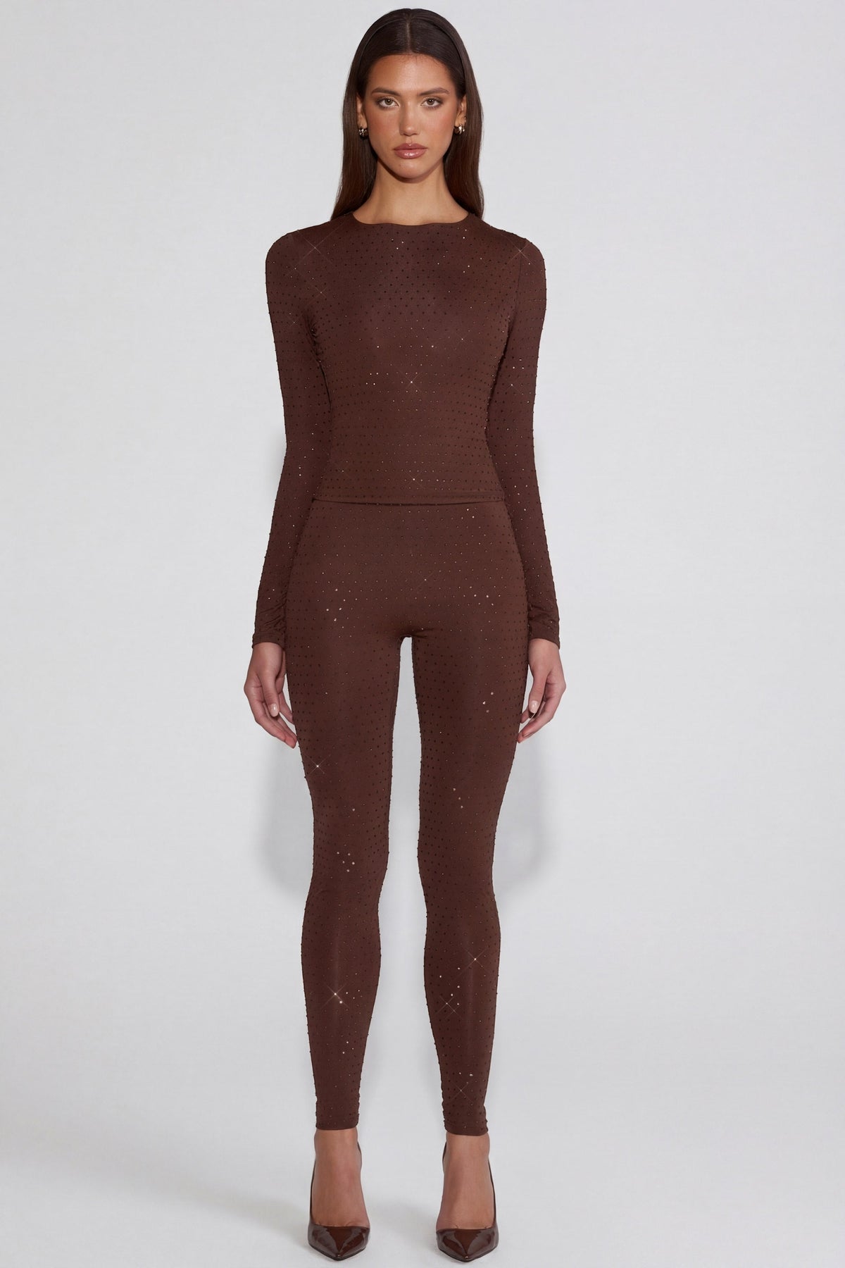 Embellished Jersey High-Waisted Leggings in Chocolate Brown
