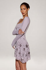 Embellished Appliqué Asymmetric Mini Dress in Lilac