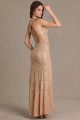 Embellished Asymmetric One-Shoulder Maxi Dress in Sand