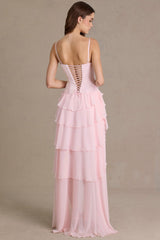 Embellished Cowl-Neck Corset Gown in Baby Pink