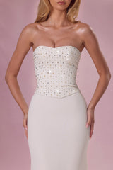 Embellished Corset Strapless Gown in Pearl