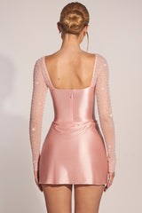 Embellished Long-Sleeve Draped Mini Dress in Blush Pink