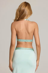 Embellished Deep Plunge Halterneck Top  in Aqua Blue