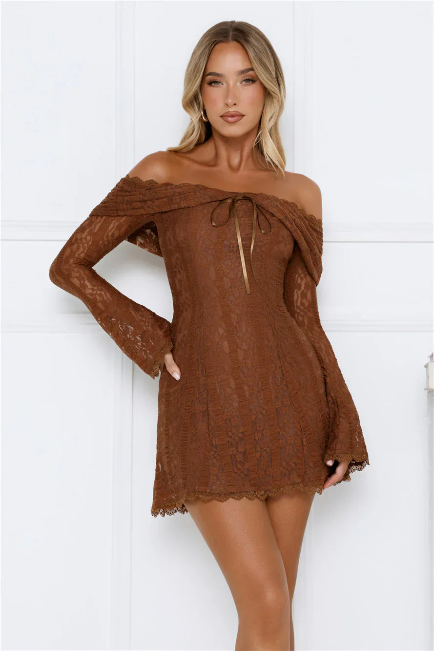 Secret Smile Lace Off Shoulder Mini Dress Brown