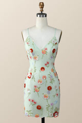 Sage Green Bodycon Mini Dress with Sequin Flowers
