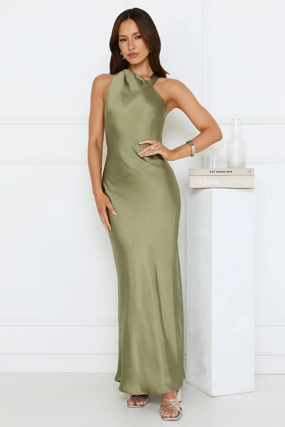 Glow Up Gal Satin Maxi Dress Green