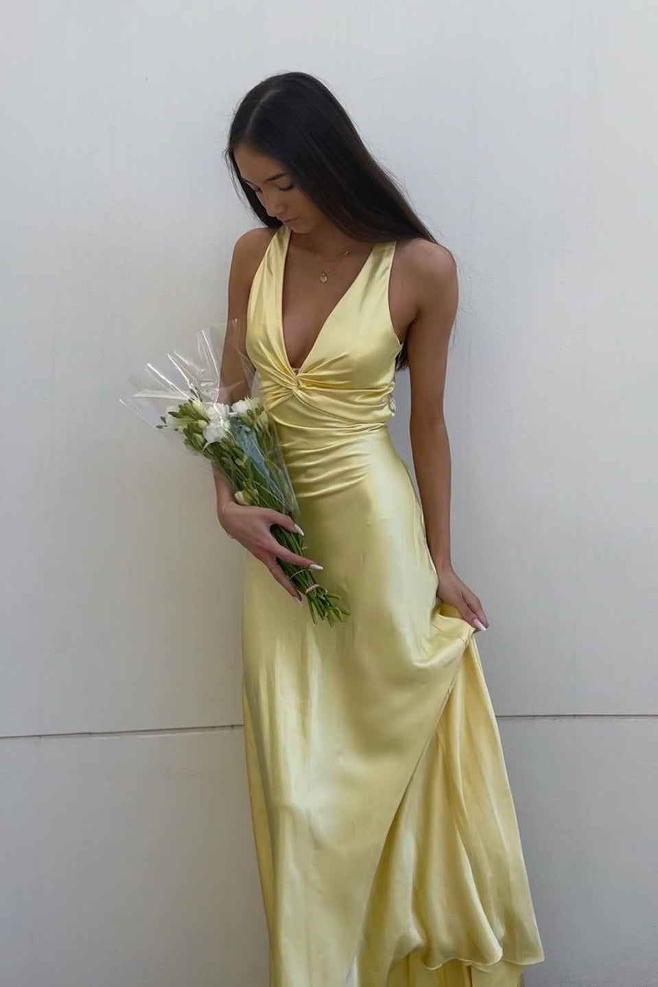 Twist V-neck Light Blue Open Back Sheath Long Dress