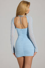Embellished Long Sleeve Mini Dress in Sky Blue