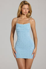 Embellished Cowl Neck Mini Dress in Sky Blue