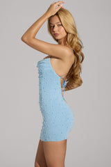 Embellished Cowl Neck Mini Dress in Sky Blue