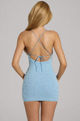 Embellished Cowl Neck Mini Dress in Sky Blue