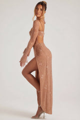 Embellished Cowl Neck Maxi Dress in Latte