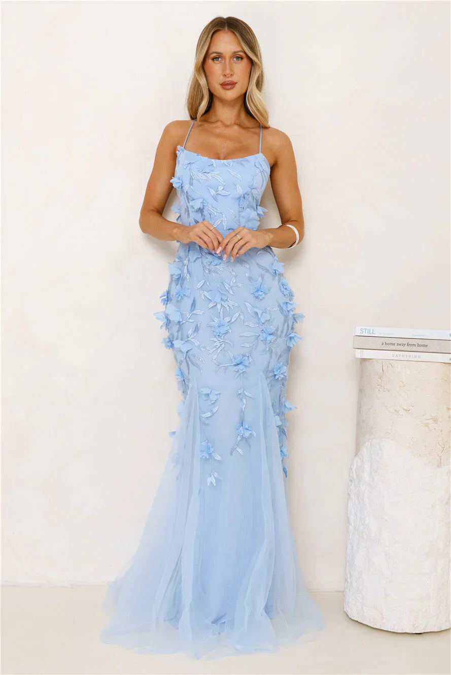 Petals In The Night Mesh Maxi Dress Blue