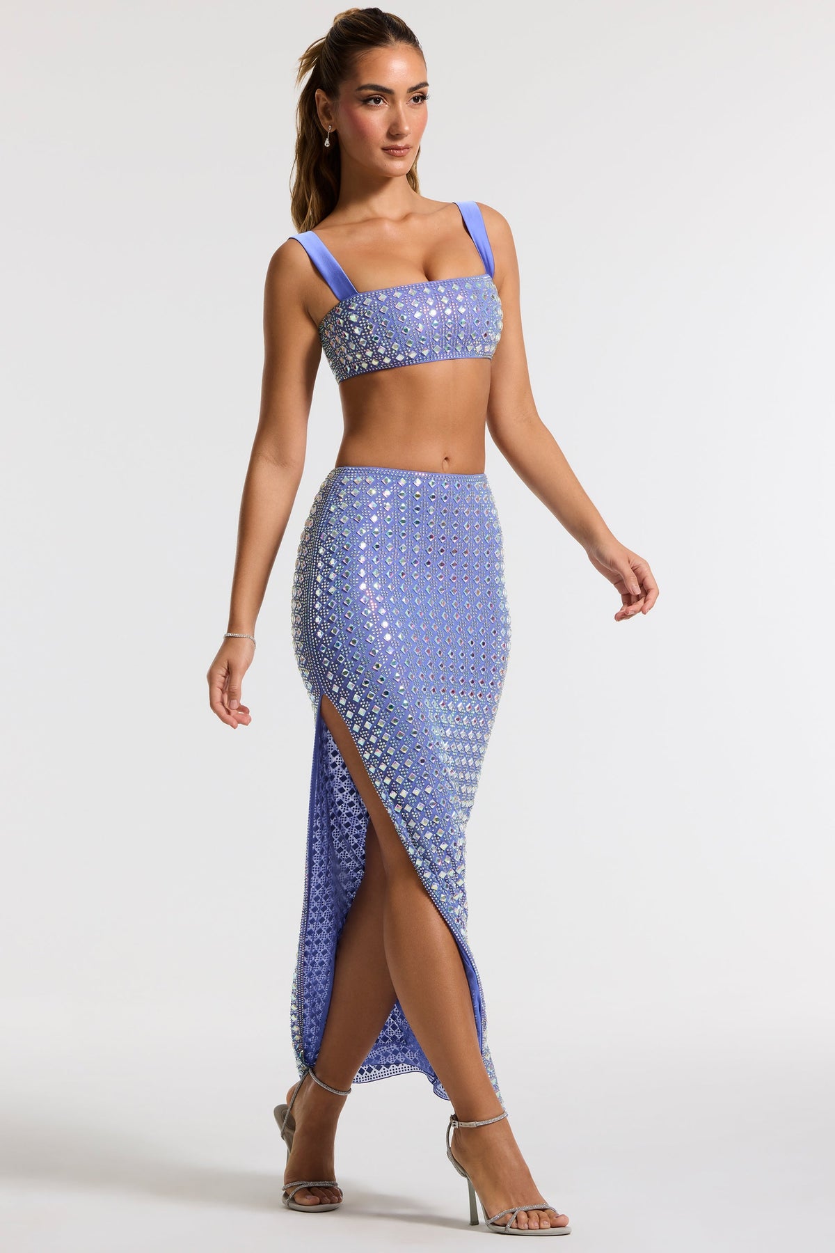 Embellished Mid Rise Maxi Skirt in Blue