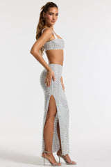 Embellished Mid Rise Maxi Skirt in Silver