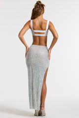 Embellished Mid Rise Maxi Skirt in Silver