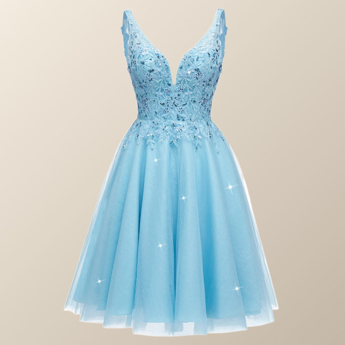 V Neck Blue Appliques Tulle A-line Short Dress