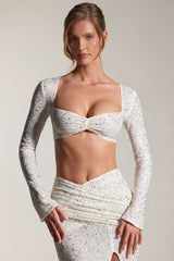 Embellished Long-Sleeve Crop Top in White