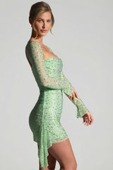 Embellished Draped Cowl-Neck Mini Dress in Pistachio