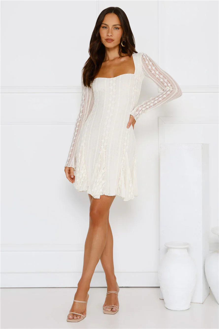 Full Time It Girl Long Sleeve Mini Dress Beige