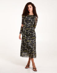 Ruched Mesh Midi Dress