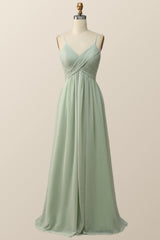 Sage Green Pleated Straps Long Bridesmaid Dress