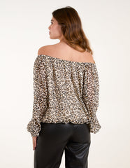 Bardot Elastic Neckline Leopard Tassel Top