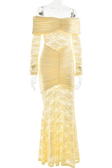 Yellow Lace Off the Shoulder Long Sleeves Dress