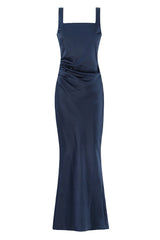 Square Neck Navy Blue Ruched Fitted Long Dress