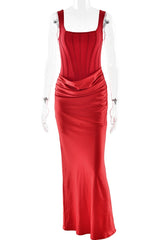 Red Square Neck Draped Fitted Dress